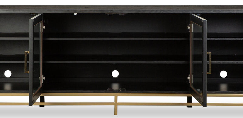 Meuble pour téléviseur moderne Cresset de 84 po en bois massif avec rangement et système de gestion des câbles pour téléviseurs jusqu’à 90 po - grain de café