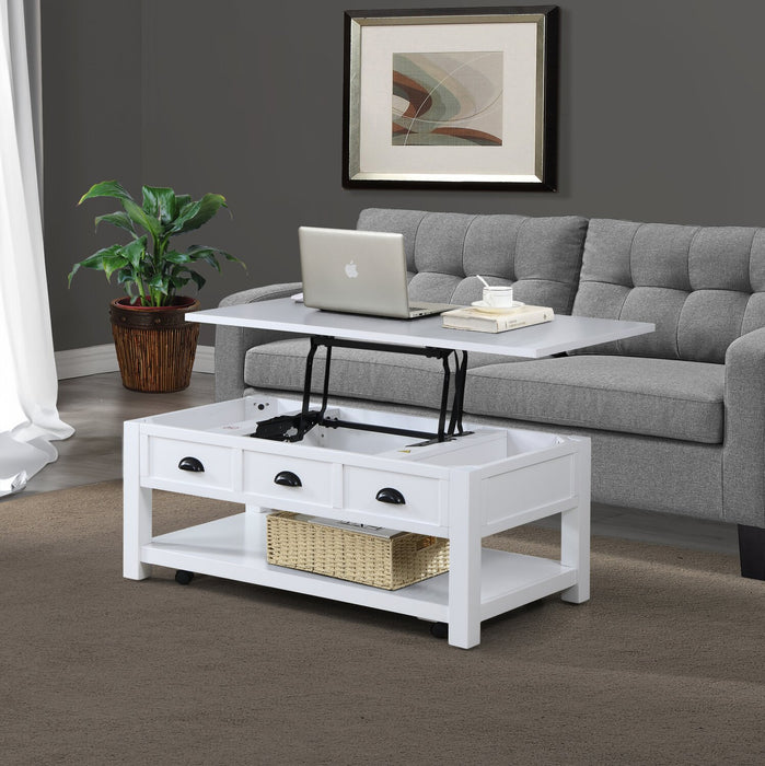 Table à café moderne Centennial de 48 po avec dessus relevable, rangement, tablette et roulettes - blanche