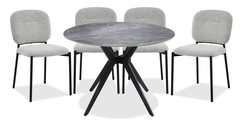 Ensemble de salle à manger Luka 5 pièces en métal avec table ronde de 43,5 po (L), dessus en pierre frittée et 4 chaises - gris et taupe