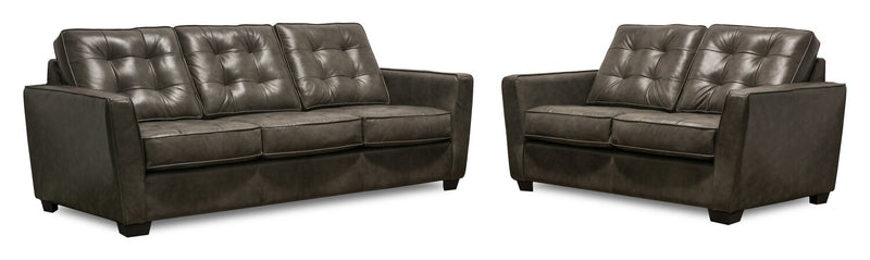Sofa Clark de 85 po en cuir véritable avec capitonnage à boutons - anthracite 