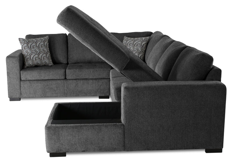 Sofa-lit sectionnel de droite Legend 4 pièces fabriqué au Canada en tissu de chenille avec fauteuil long de rangement - gris poivre
