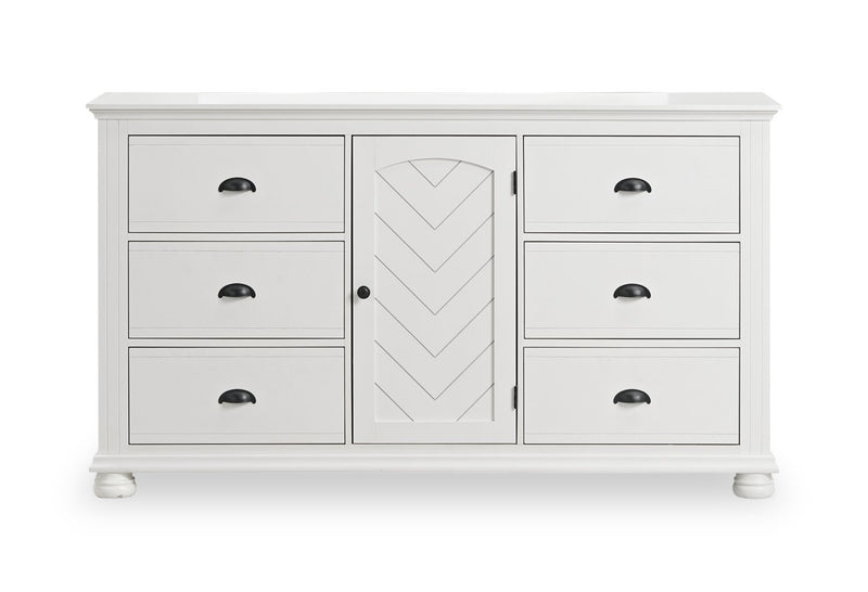 Ensemble de chambre à coucher Ella 6 pièces blanc avec lit à panneaux, commode, miroir et table de nuit - format grand lit