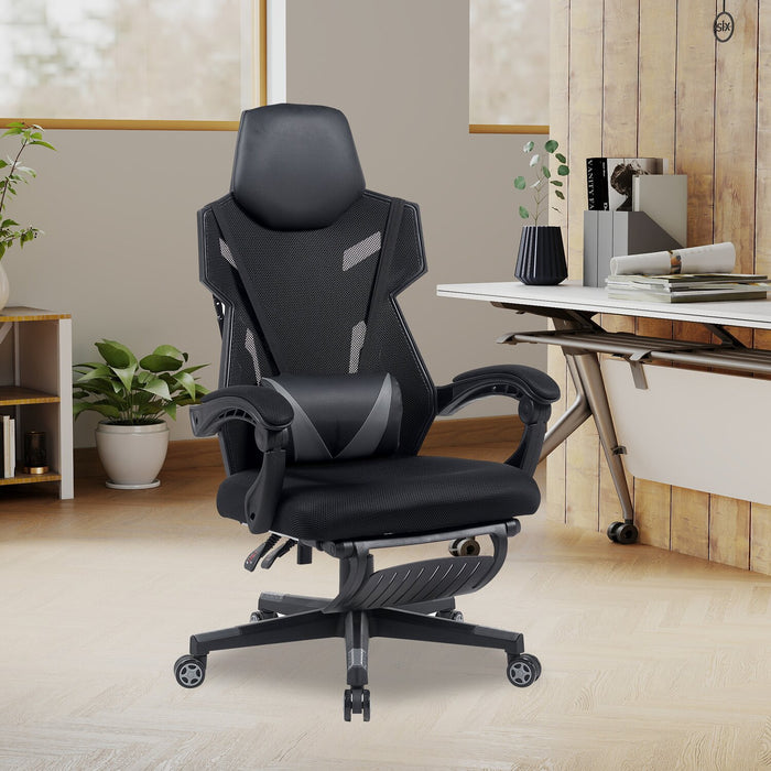 Fauteuil de jeu ergonomique Sparrow de 28,3 po avec coussin lombaire et repose-pieds - noir