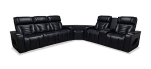 Sofa sectionnel à inclinaison électrique Zen 3 pièces en tissu d’apparence cuir avec massage, console rabattable et compartiment réfrigéré - noir