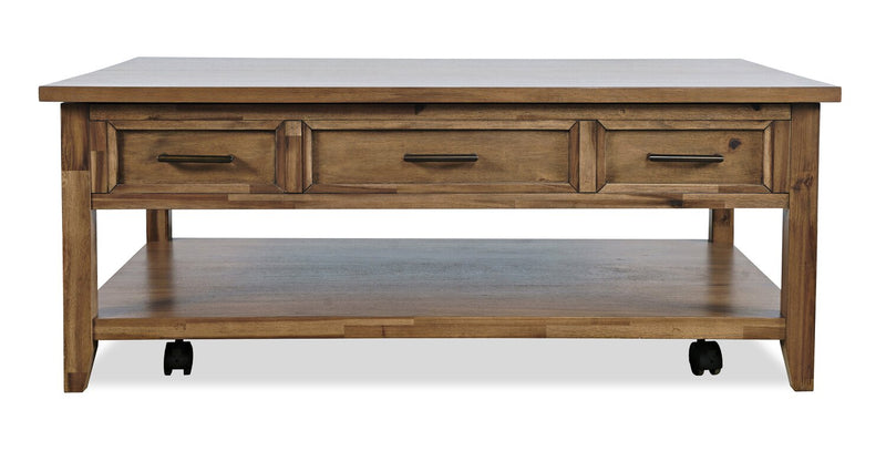 Table à café rustique Nathan de 47,25 po avec dessus relevable, rangement et roulettes - brun clair