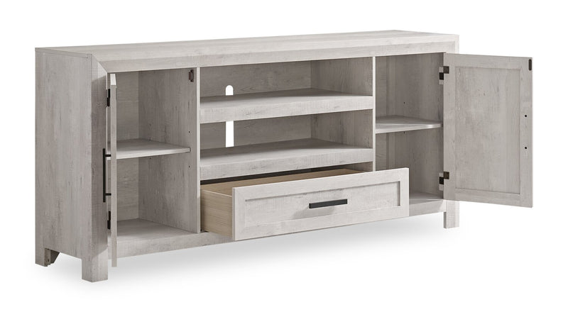 Meuble pour téléviseur moderne Scott Living Hayward de 70 po avec rangement et système de gestion des câbles pour téléviseurs jusqu’à 75 po - blanc