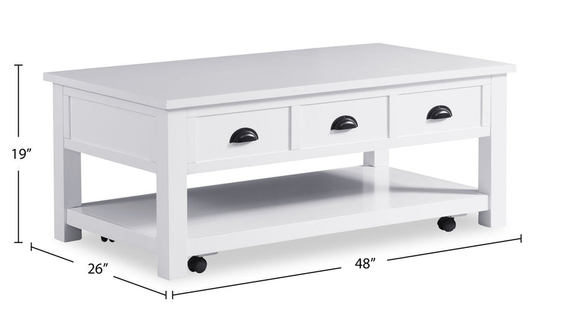 Table à café moderne Centennial de 48 po avec dessus relevable, rangement, tablette et roulettes - blanche