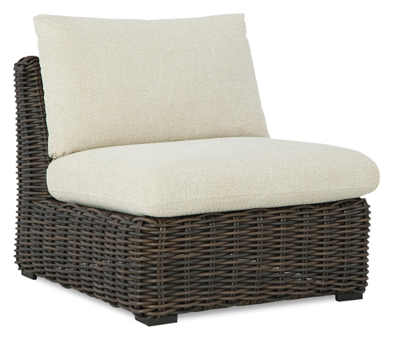 Fauteuil sans accoudoirs Halifax pour la terrasse à l’extérieur - osier en résine, tissu Nuvella - brun et beige