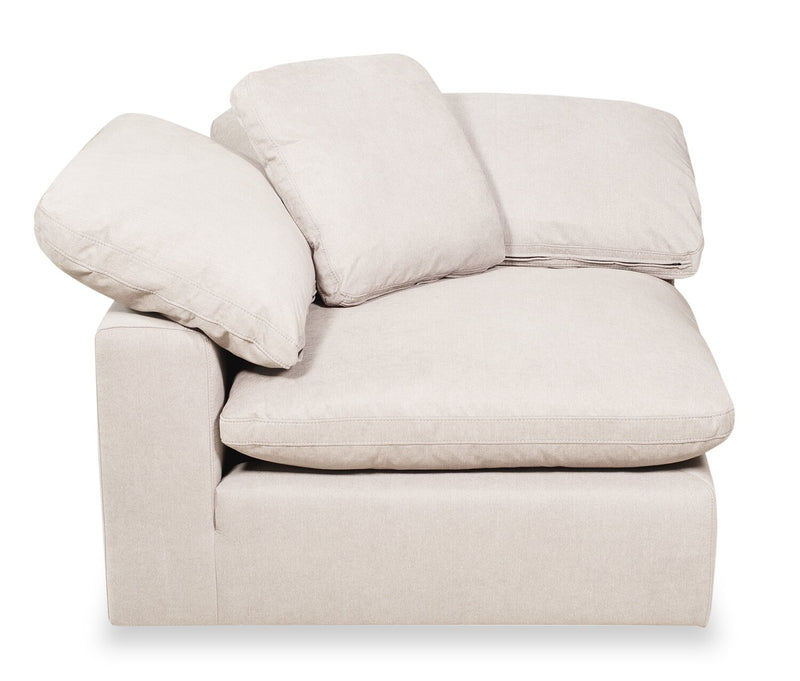 Sofa sectionnel modulaire Eclipse 6 pièces en tissu d’apparence lin avec poufs et coussins réversibles en duvet et plumes - blanc lin