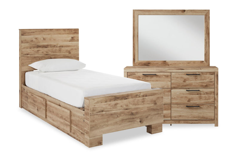 Ensemble de chambre à coucher Derekson 5 pièces naturel avec lit de rangement latéral, commode et miroir - format lit simple