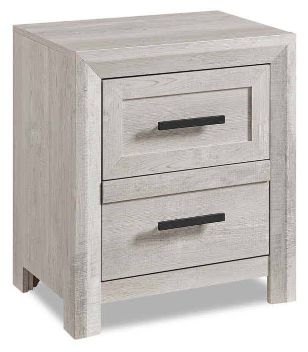 Ensemble de chambre à coucher Lark 6 pièces blanc rustique avec lit à panneaux, commode, miroir et table de nuit - format très grand lit