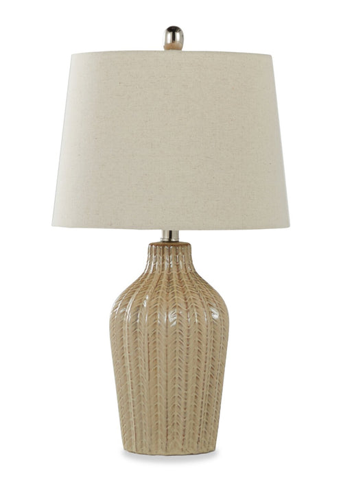 Lampe de table Willa de 23 po en céramique avec nickel poli et avec abat-jour en lin naturel – couleur sable cubain