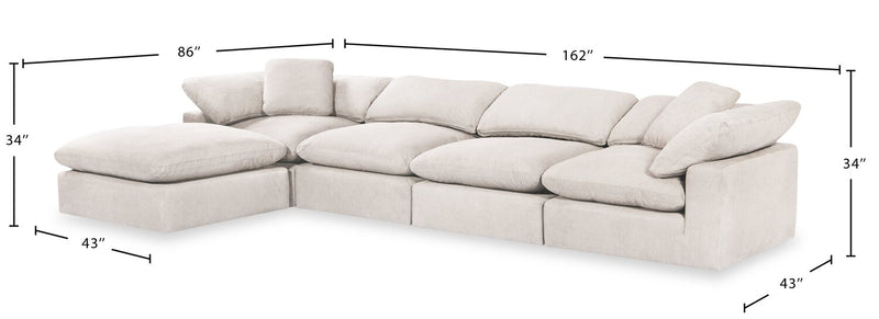 Sofa sectionnel modulaire Eclipse 5 pièces en tissu d’apparence lin avec pouf et coussins réversibles en duvet et plumes - blanc lin