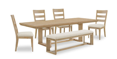 Aspen 6pc Dining Package with 80-104"Extension Table, Bench & 4 Chairs, Fabric - Natural | Ensemble de salle à manger Aspen 6 pièces avec table à rallonge, 80 po à 104 po, banc et 4 chaises en tissu - naturel