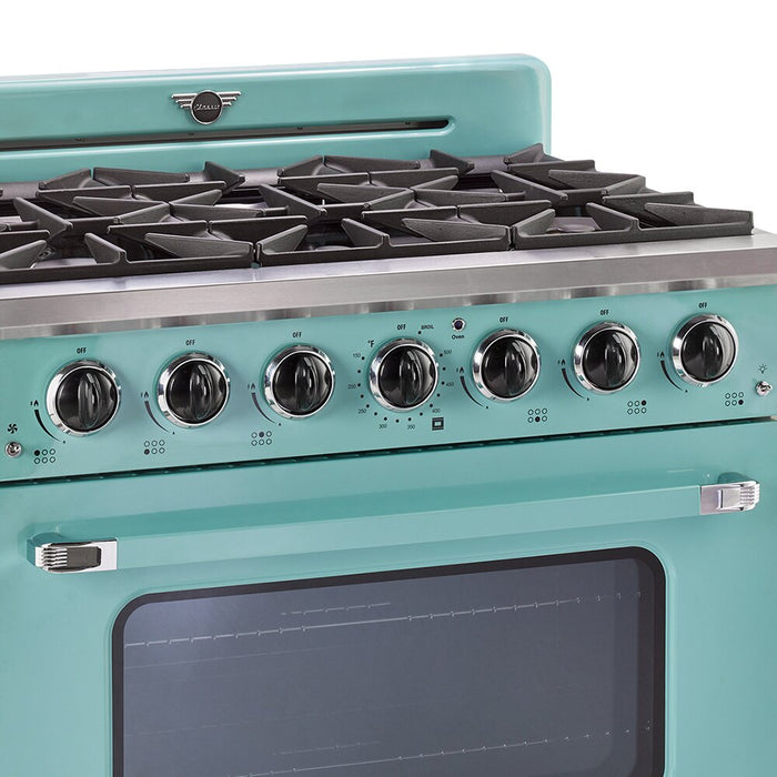 Cuisinière à gaz Classic Rétro par Unique de 36 po et de 5,2 pi3 à 6 brûleurs avec convection - turquoise brume marine - UGP-36CR T