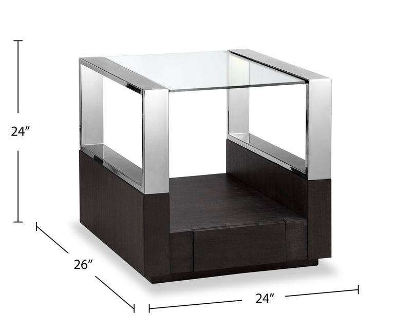 Table de bout moderne Perrin de 24 po avec dessus de table en verre, rangement et tablette - graphite