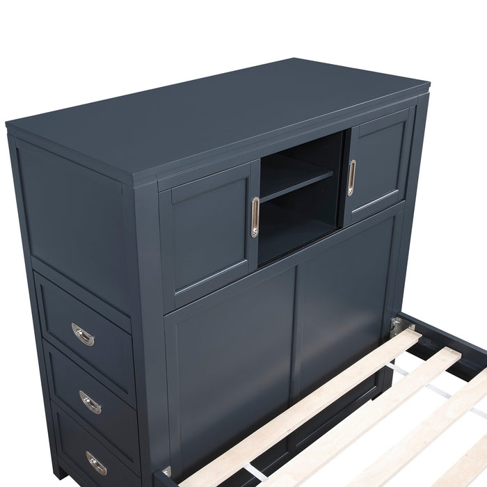 Lit plateforme Quinn avec tête de lit bibliothèque, bureau intégré et tabouret, bleu - format lit double