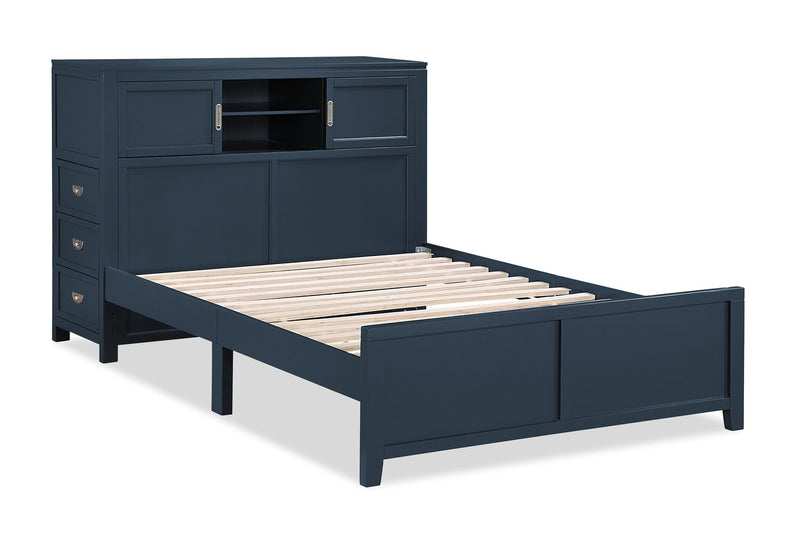 Lit plateforme Quinn avec tête de lit bibliothèque, bureau intégré et tabouret, bleu - format lit double