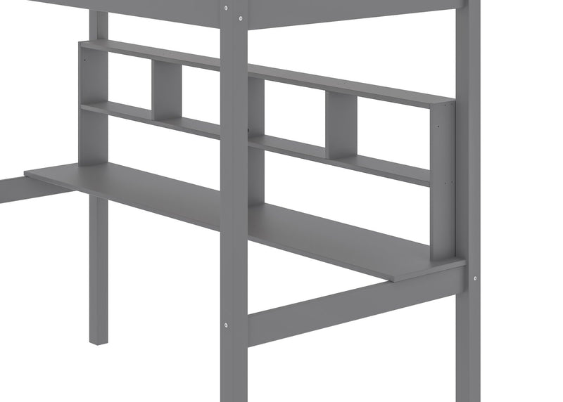 Lit mezzanine Brody gris avec bureau intégré, échelle et garde-corps pour enfants et adolescents - format lit simple