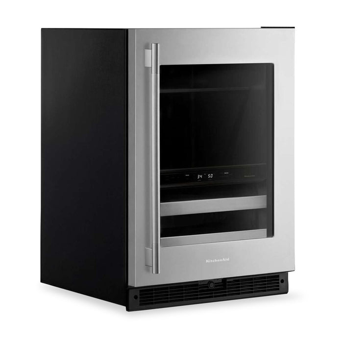 Refroidisseur à boissons KitchenAid de 24 po avec grilles à devant en bois - noir et acier inoxydable - KUBR524SSB 