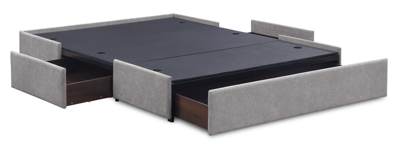 Base de lit de rangement Amos rembourrée en tissu gris avec 3 tiroirs intégrés - format grand lit