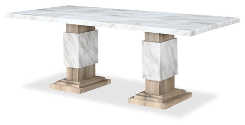  Table de salle à manger Vega de 82 po (L) avec imitation de marbre et base piédestal - naturelle et blanche
