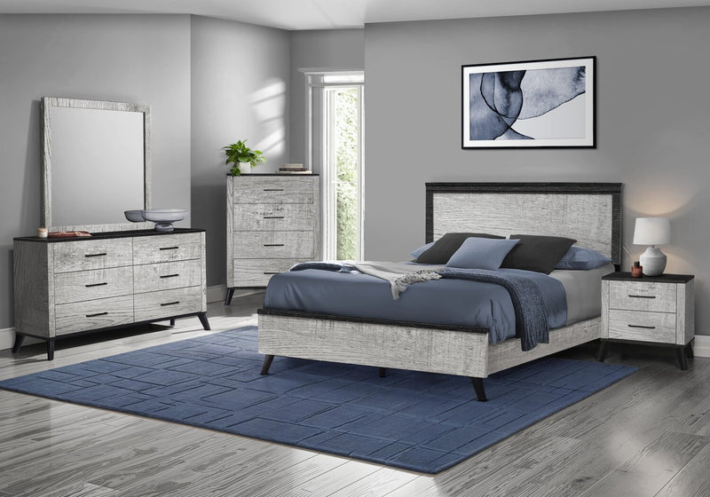 Ensemble de chambre à coucher Blake 6 pièces avec lit, commode, miroir et table de nuit, gris et noir - format grand lit