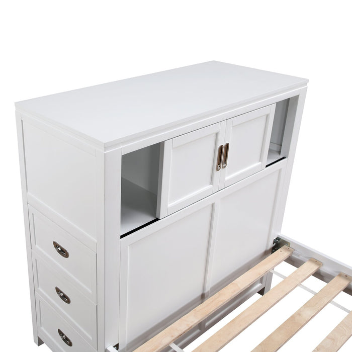 Lit plateforme Quinn avec tête de lit bibliothèque, bureau intégré et tabouret, blanc - format lit simple