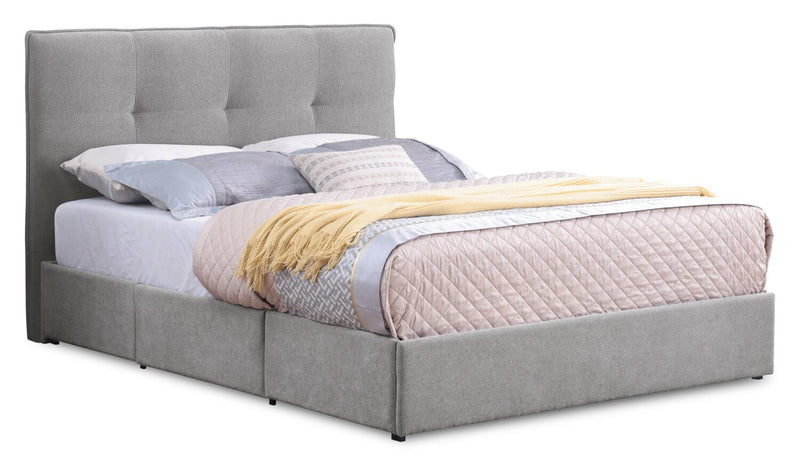 Lit de rangement Amos rembourré en tissu gris avec tête de lit capitonnée et 3 tiroirs intégrés - format lit double