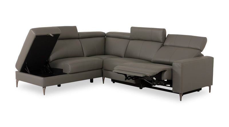 Sofa sectionnel de gauche à inclinaison électrique Valentino 3 pièces en cuir véritable avec appuie-têtes réglables - gris