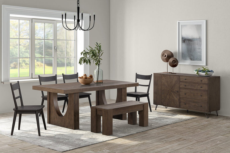 Ensemble de salle à manger Sol de Kort & Co. 6 pièces avec table de 78 po (L), base piédestal, banc et 4 chaises - noir et brun