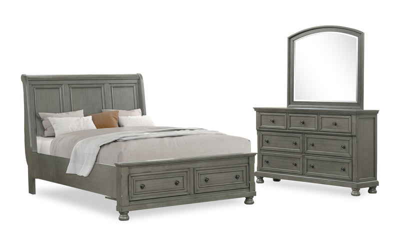 Ensemble de chambre à coucher Chelsea 5 pièces gris avec lit de rangement, commode et miroir - format grand lit