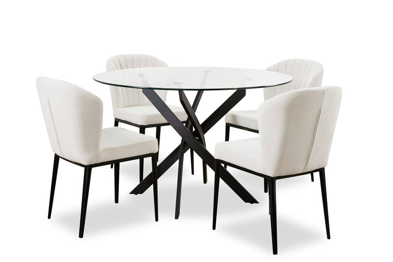 Ensemble de salle à manger Zoe 5 pièces avec table ronde de 47 po (L), dessus en verre, base géométrique en métal et 4 chaises - noir et ivoire