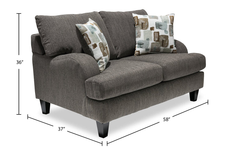 Causeuse Nofia de 58 po fabriquée au Canada en tissu de chenille avec 2 coussins décoratifs et pattes en bois - gris anthracite