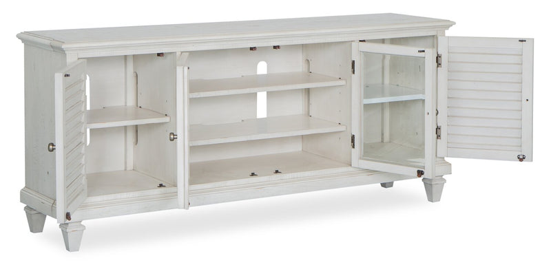 Meuble pour téléviseur rustique Baron de 72 po en pin avec rangement et système de gestion des câbles pour téléviseurs jusqu’à 80 po - albâtre