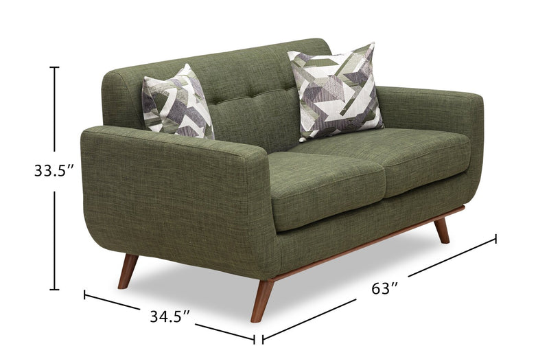 Causeuse Freeman de Kort & Co. de 63 po en tissu d’apparence lin avec pattes en bois et coussins de dossier capitonnés - vert avocat