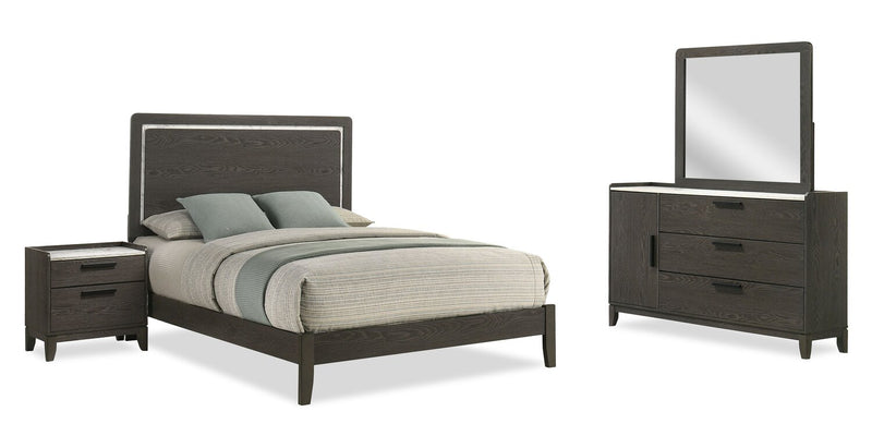 Ensemble de chambre à coucher Sable gris foncé 6 pièces avec lit, commode, miroir et table de nuit - format grand lit