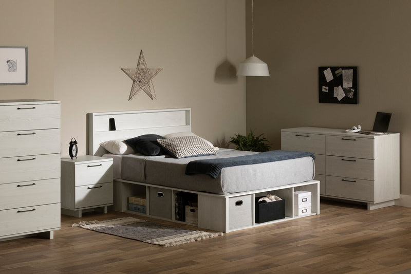 Ensemble lit plateforme et tête de lit à panneau Everley avec rangement et paniers intégrés, blanc - format lit double