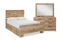 Ensemble de chambre à coucher Derekson 5 pièces naturel avec lit de rangement latéral, commode et miroir - format grand lit