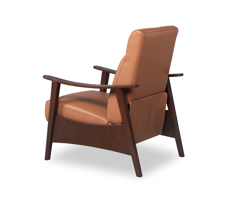Fauteuil d’appoint à inclinaison par poussée Aydin de 27,5 po en cuir véritable avec accoudoirs et pattes en bois - orange chameau