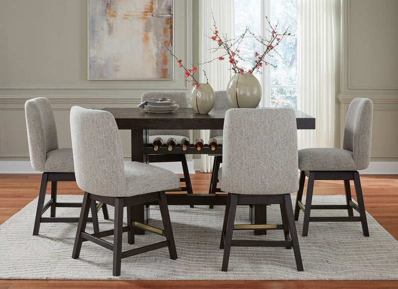 Ensemble de salle à manger Metro 7 pièces de hauteur comptoir avec table de 66 po (L), 6 chaises et support à vin intégré - brun et beige