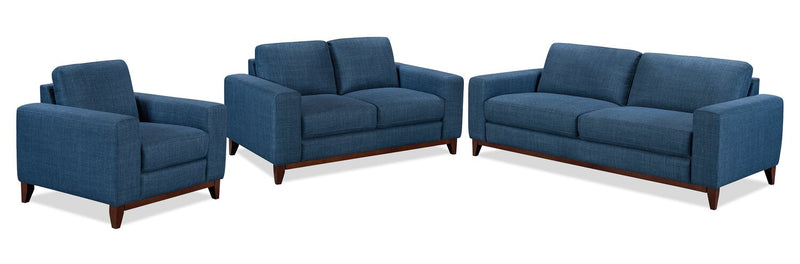 Sofa River de 87 po en tissu d’apparence lin avec base et pattes en bois - bleu