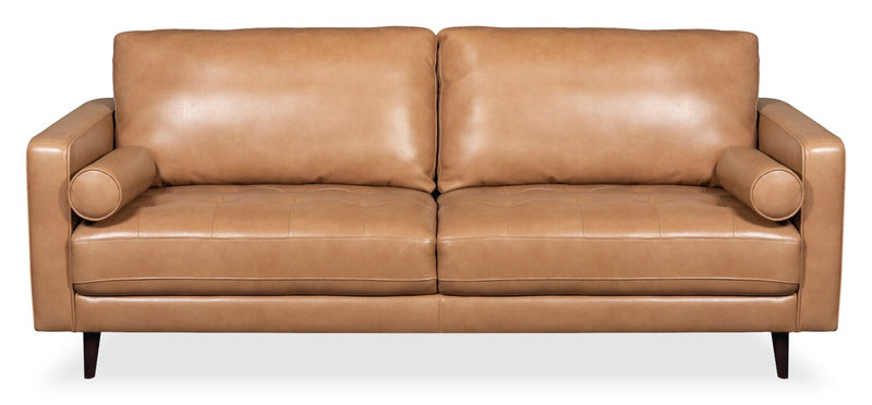Sofa Edge de 86 po en cuir véritable avec pattes en bois et coussins de dossier amovibles - brun