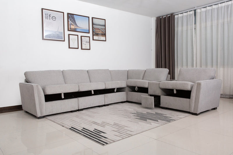 Sofa sectionnel Vault 7 pièces avec 5 fauteuils de rangement et console de rangement avec USB - gris