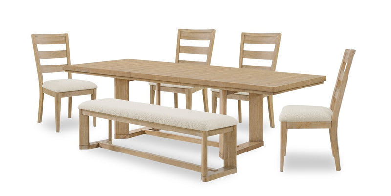 Ensemble de salle à manger Aspen 6 pièces avec table à rallonge, 80 po à 104 po, banc et 4 chaises en tissu - naturel