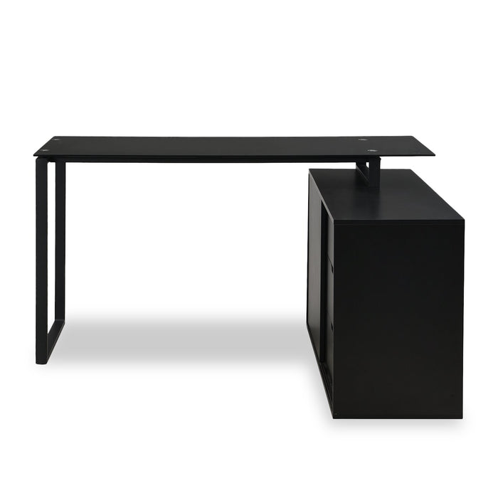 Bureau en forme de L Daniel de 55.11 po avec dessus en verre et rangement - noir