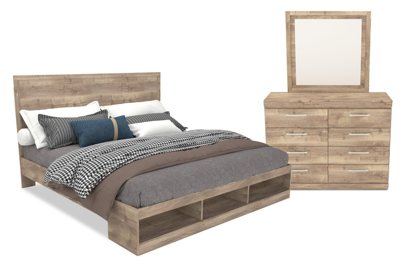 Ensemble de chambre à coucher Oakley 5 pièces fabriqué au Canada avec lit de rangement, commode et miroir, naturel - format très grand lit
