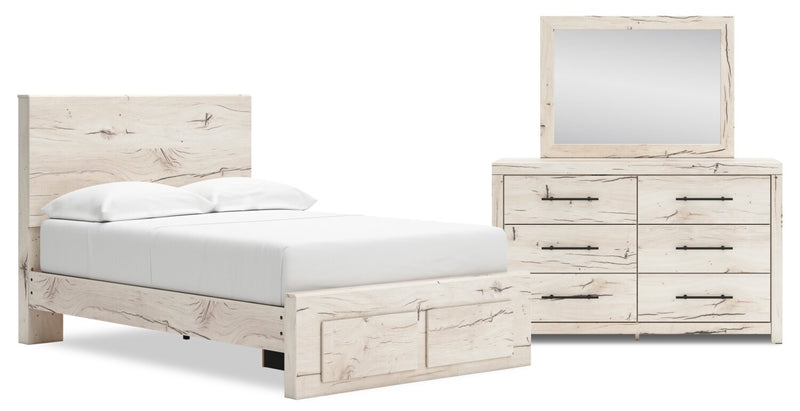Ensemble de chambre à coucher Derekson 5 pièces blanc rustique avec lit de rangement, commode et miroir - format lit double