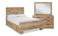 Ensemble de chambre à coucher Derekson 5 pièces naturel avec lit de rangement latéral, commode et miroir - format lit double