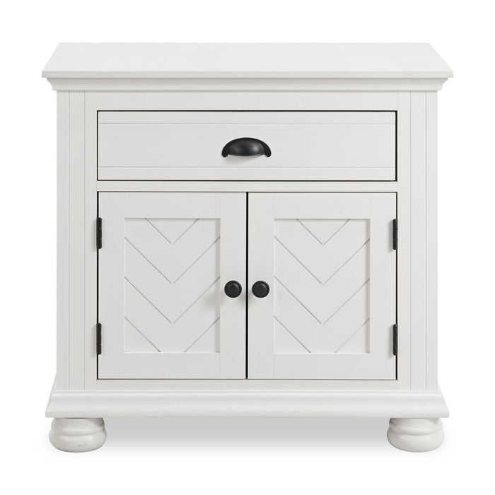 Ensemble de chambre à coucher Ella 6 pièces blanc avec lit à panneaux, commode, miroir et table de nuit - format grand lit